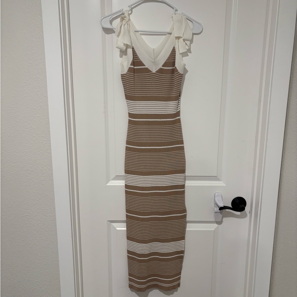 MABLE Brown and White Striped Midi Dress